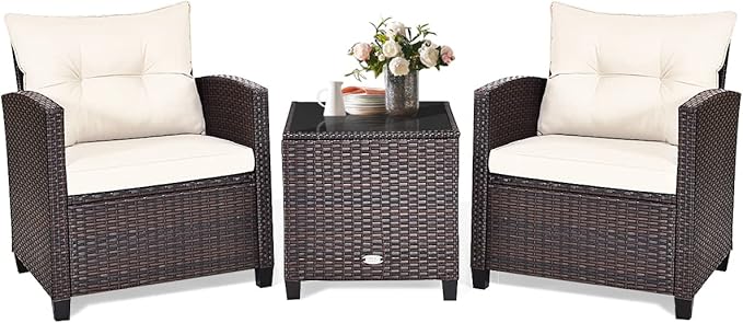 COSTWAY 3PCS Patio Furniture Set, PE Rattan Wicker Sofa w/Washable Cushion and by COSTWAY