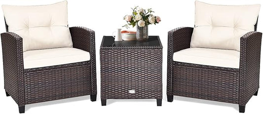 COSTWAY 3PCS Patio Furniture Set, PE Rattan Wicker Sofa w/Washable Cushion and by COSTWAY