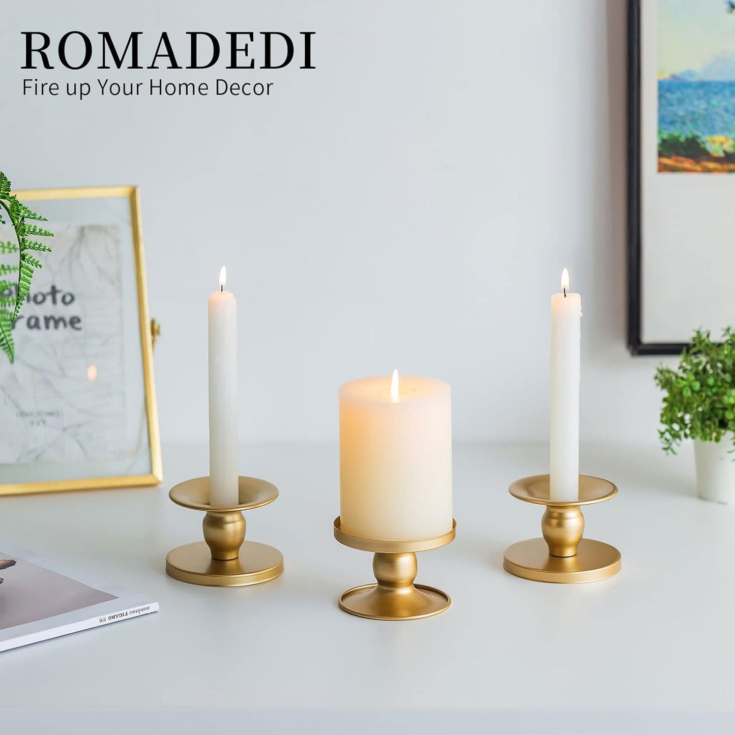 Candle Holders for Pillar Candles, Romadedi Gold Pillar & Taper Candle Holder, Small Metal Candle Stick Candle Holder for Wedding, Dining Room Table Centerpiece, Holiday Decor, 4 Pcs