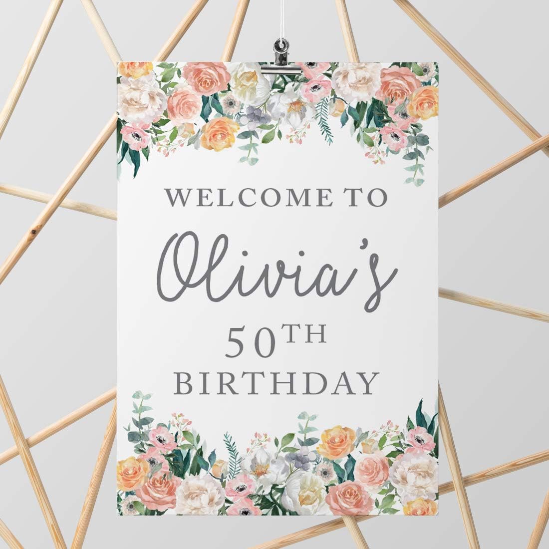 Andaz Press Personalized Extra Large Birthday Easel Board Party Sign, 12x18-inch, Peach Coral Floral Flowers Roses on White, Welcome to Olivia's 50th Birthday, 1-Pack, Custom Name Age