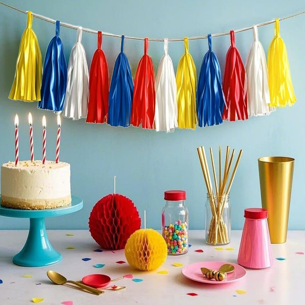 Tissue Paper Tassel Garland Banner, 20 Pack, Red Blue Yellow White, Party Decorations for Birthday, Baby Shower