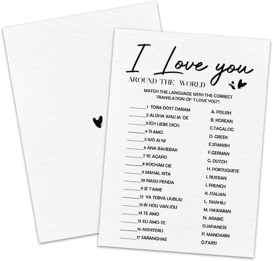 30 Game Cards & 1 Answer Card - I Love You - Bridal Shower, Engagement, Mr & Mrs, Newlyweds, Wedding Games, Party Activities & Supplies - B02 White