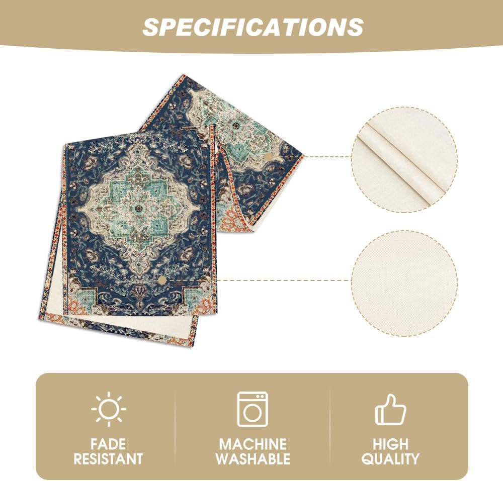 Artoid Mode Boho Bohemia Style Blue Table Runner, Country Rustic Farmhouse Magical Winter Kitchen Dining Table Decoration for Home Party Decor 13x72 Inch