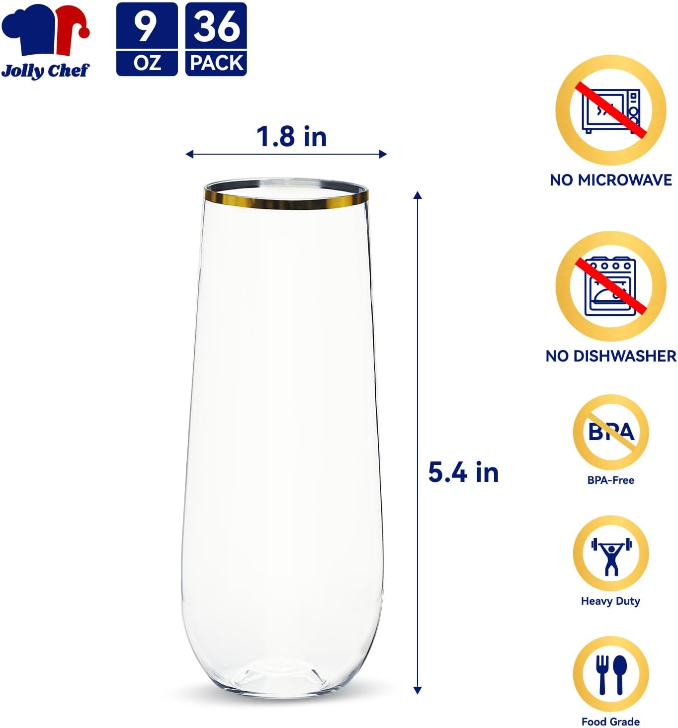 JOLLY CHEF 36 Pack 9 Oz Plastic Champagne Flutes, Gold Stemless Plastic Toasting Glasses| Shatterproof | Heavy Duty | Plastic Disposable Unbreakable Drinkware for Wedding, Birthday, Party
