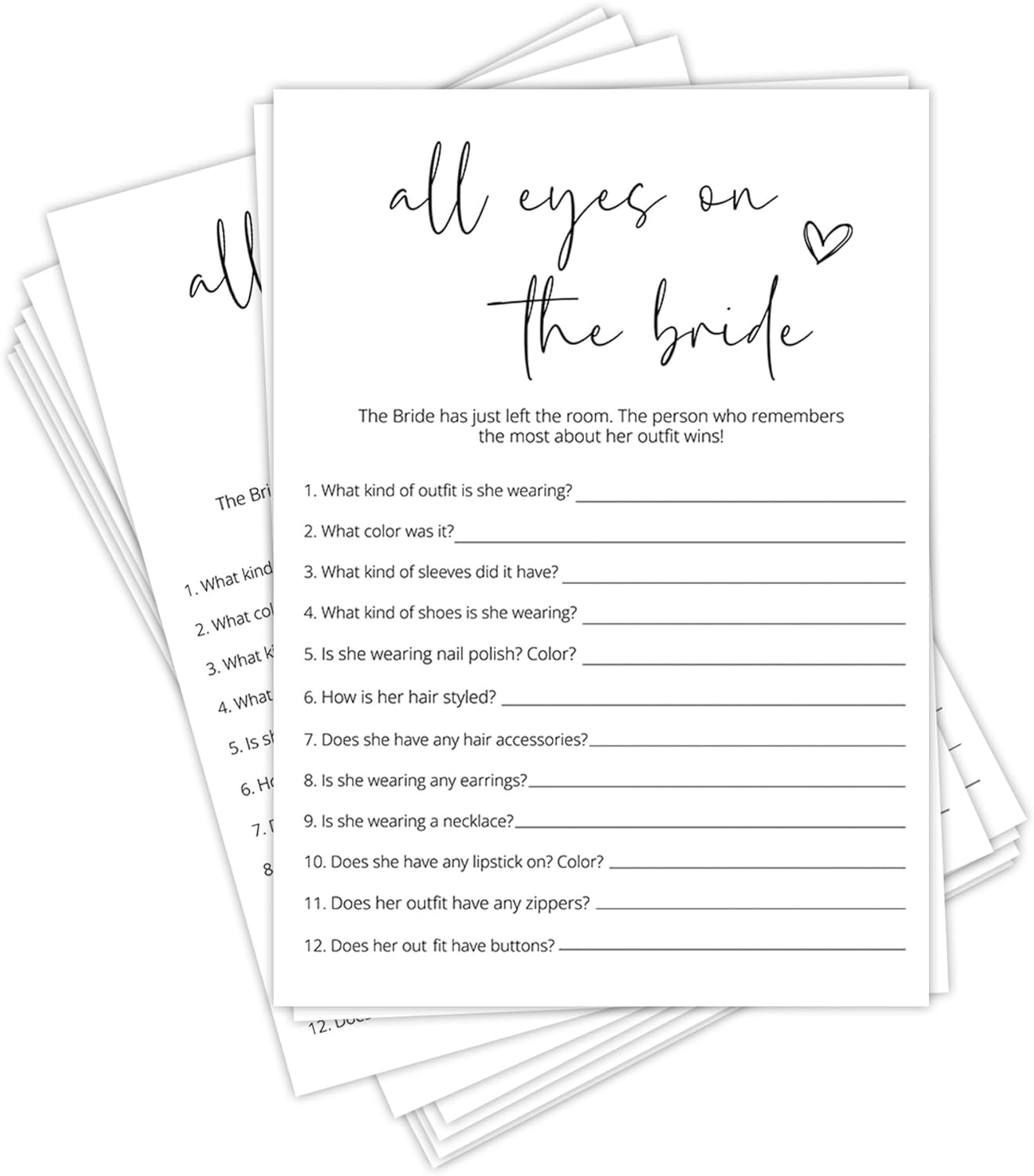 Bridal Shower Games, All Eyes On The Bride, 25Pcs Minimalist White Double-Sided Bridal Game Cards, Wedding Shower Games for Guests, Engagement Bachelorette Party Supplies - A20