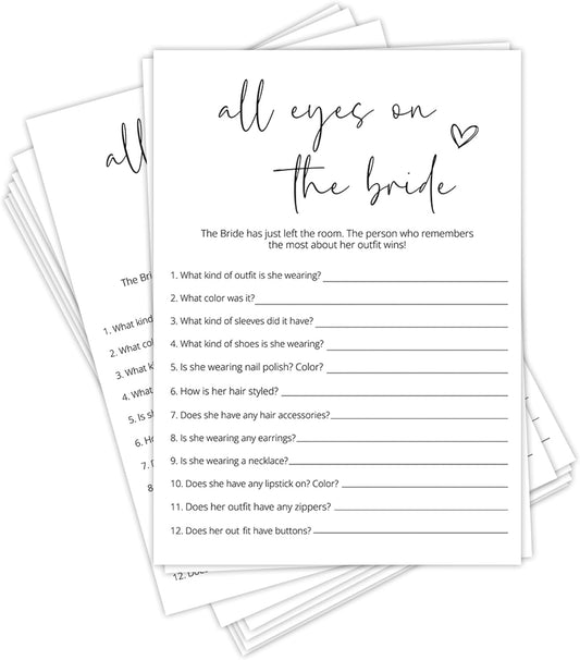 Bridal Shower Games, All Eyes On The Bride, 25Pcs Minimalist White Double-Sided Bridal Game Cards, Wedding Shower Games for Guests, Engagement Bachelorette Party Supplies - A20