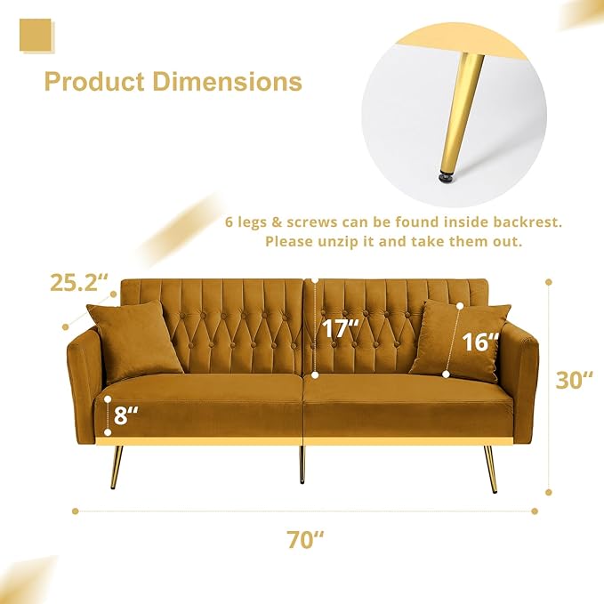 70” Velvet Futon Sofa Bed with 2 Pillows and Adjustable Armrests, Convertible - Image 3