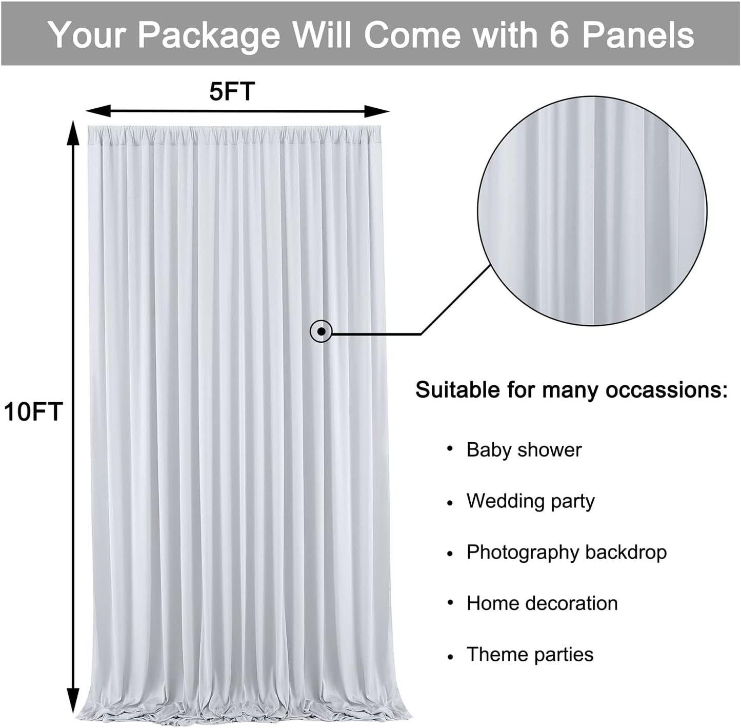 30 ft x 10 ft Wrinkle Free Silver Backdrop Curtain for Parties, Polyester Silver Grey Backdrop Drapes 6 Panels 5x10ft for Baby Shower Photoshoot Engagement Wedding Birthday Photography Background