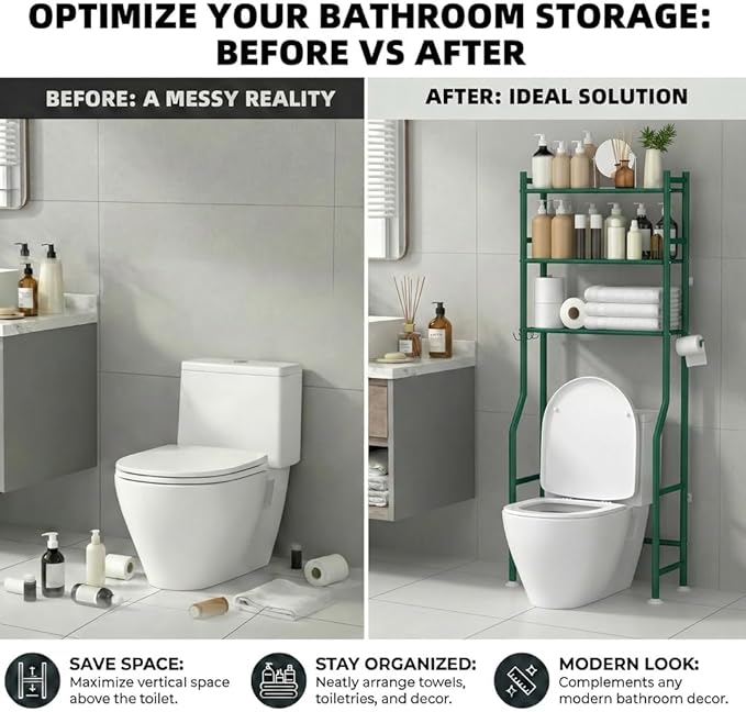 GloTika 3-Tier Over Toilet Storage - 150lb Total Capacity Metal Bathroom - Image 7