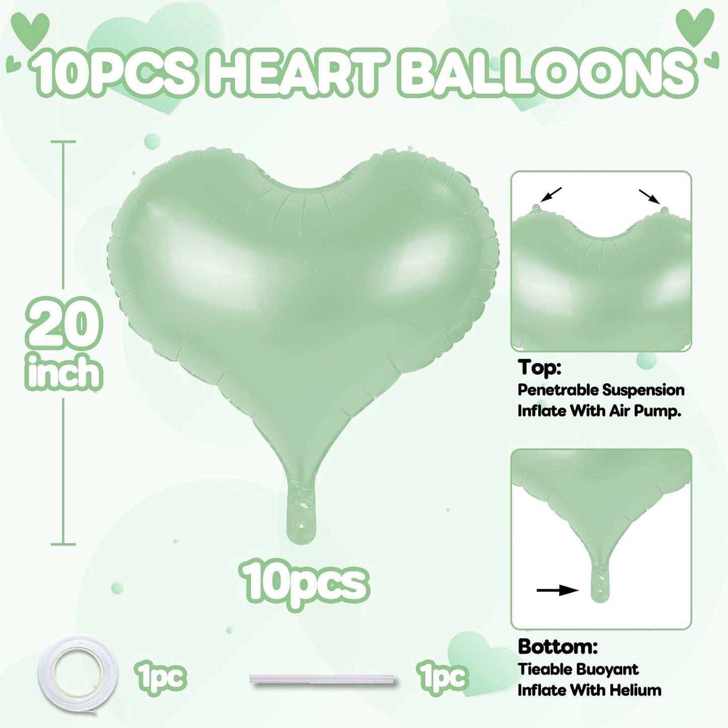 20 Inch Sage Green Heart Balloons, 10 Pcs Heart Shaped Foil Balloons, Pastel Green Helium Balloon for Valentine Bridal Shower Anniversary Wedding Birthday Party Decorations