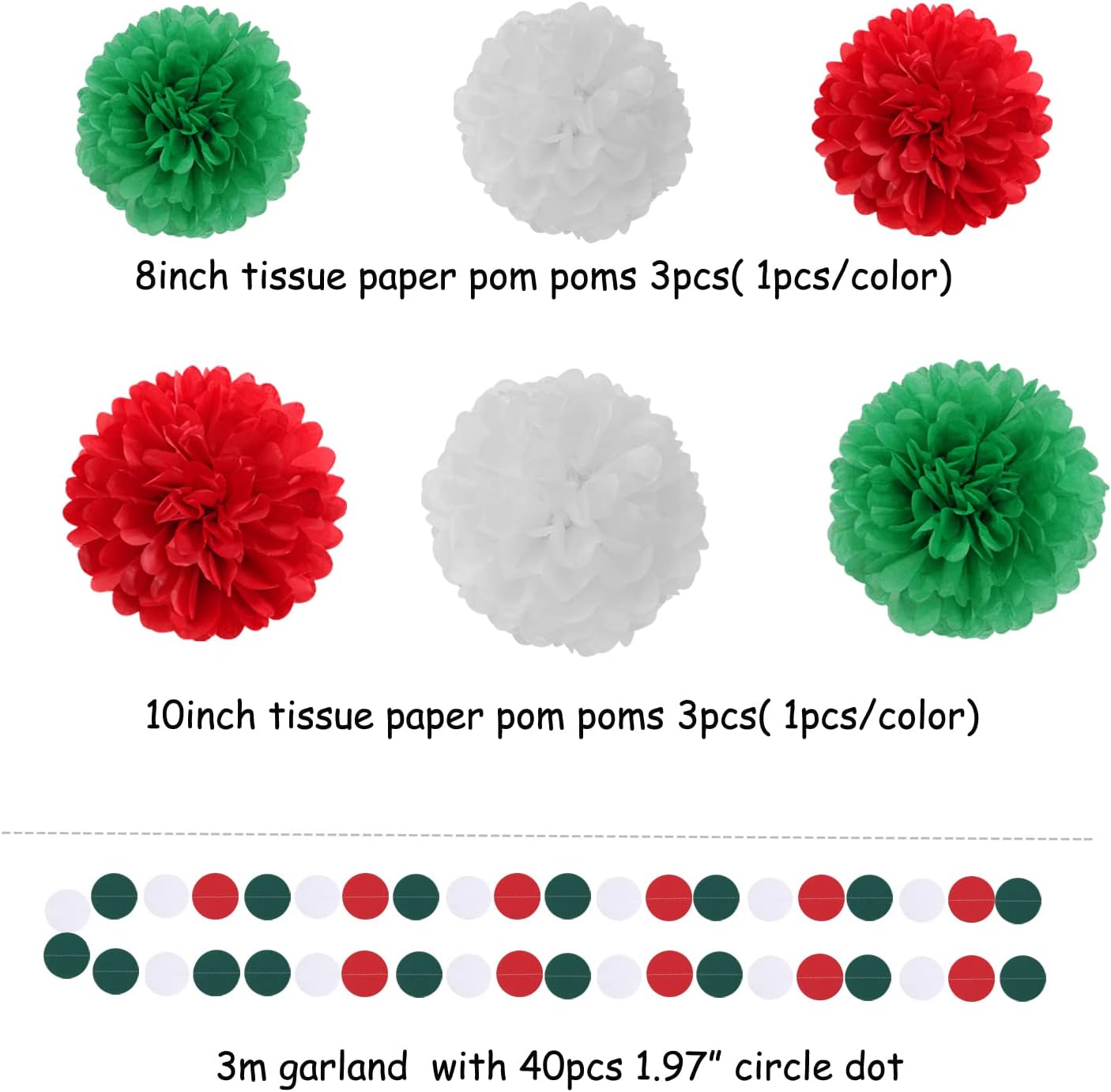 Red-Green White Party-Decorations - 23pcs Mexico Italy Tissue Pom Poms Streamers,Tassel Garland Banner,Mexican Italian Birthday Wedding Baby Shower Decor Bunting Lasting Surprise