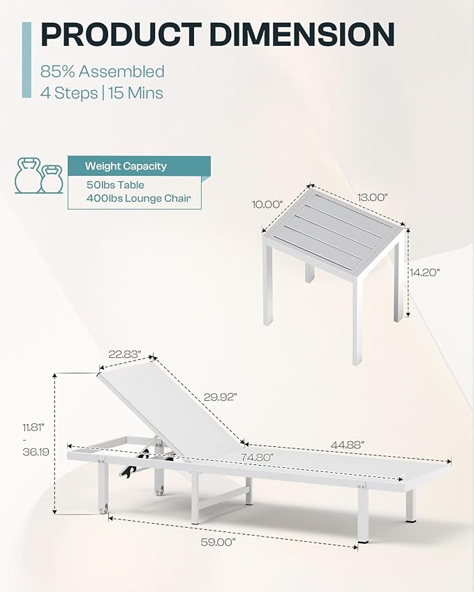 Pool Lounge Chairs Set of 2, Aluminum Outdoor Lounge Chairs - Image 2