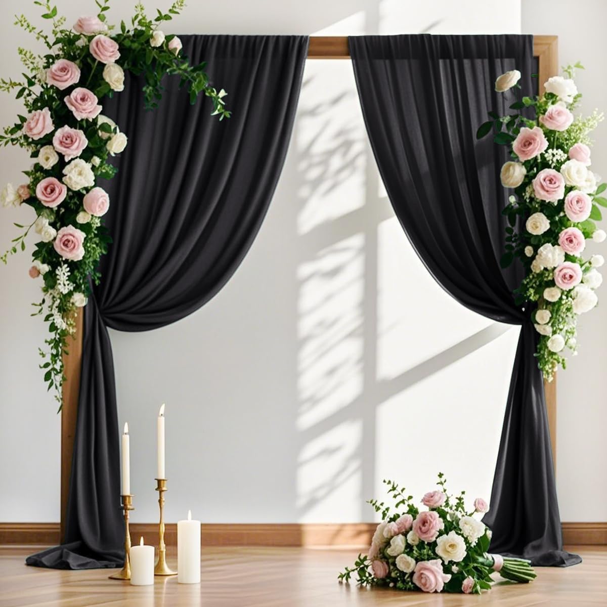 MLMW Wedding Arch Draping Fabric 2 Panels 29" x 20Ft Black Sheer Wedding Arch Backdrop Drapes Outdoor Curtain for Halloween Ceremony Party Background Ceiling Decor