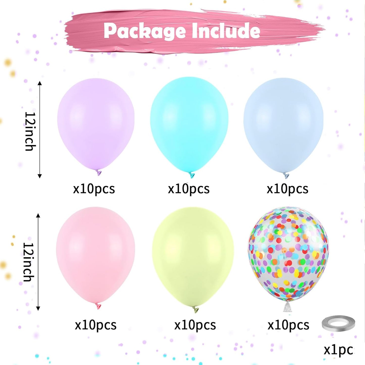 Pastel Balloons, Multicolor Macaron Balloons Colorful Latex Party Balloon, Baby Pink Blue Purple Yellow and Teal Rainbow Confetti Balloon for Kids Pastel Birthday Easter Party Baby Shower Wedding