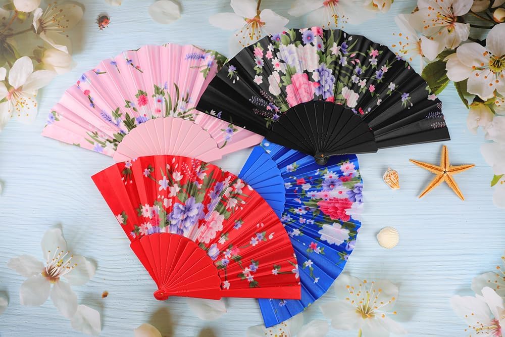 HUNANBANG 1 Dozen Oriental Flowers Japanese Folding Hand Fans Spanish Church Wedding Vintage Gift, Party Favors, DIY Decoration retro Gift Size 8 1/4" Wholesale (12pack)