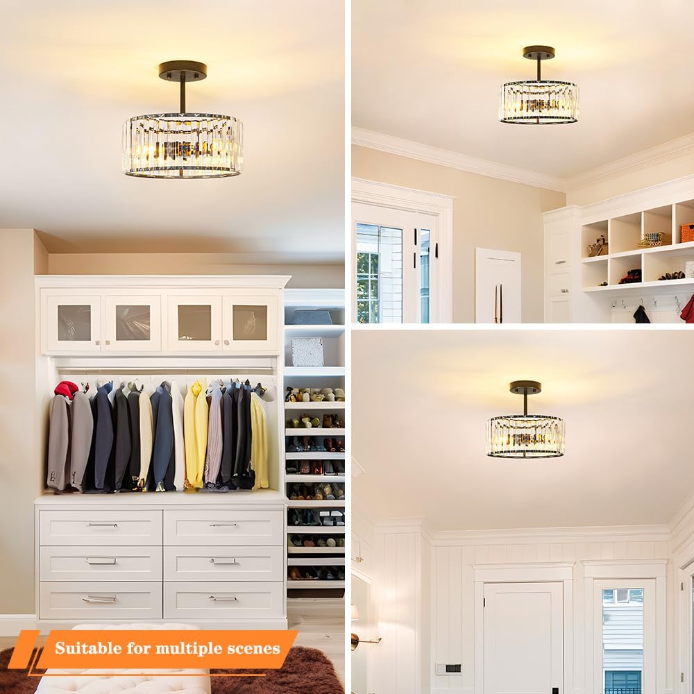 Modern Crystal Ceiling Light, Matte Black Semi Flush Mount Ceiling Lighting Fixture, Hallway Light Fixtures Chandelier for Kitchen, Bedroom Dining Room Hallway Closet, 3-Light, 12 Inch
