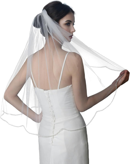 Bridal Veils Pearls and Crystals Beaded Edge Fingertip Length Wedding Veil for Women