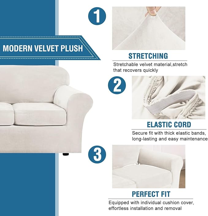 H.VERSAILTEX Modern Velvet Plush 4 Piece High Stretch Sofa Slipcover Furniture - Image 3
