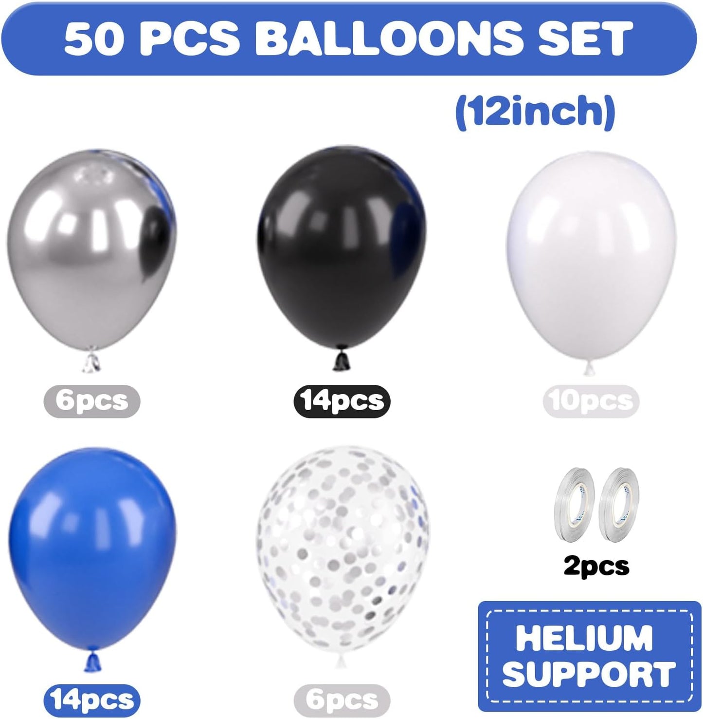 Blue and Black Balloons, 12 Inch Graduation Balloons, Dark Blue Black White Metallic Silver Confetti Latex Balloon for Boys Men Birthday Baby Shower Gender Reveal Graduation Party Decorations