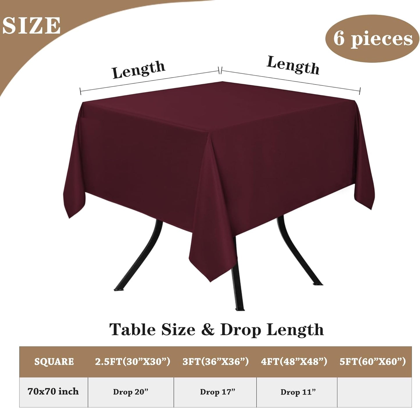 Fitable 6 Pack Square Tablecloths - 70 x 70 Inches - Stain Resistant and Reusable Table Clothes, Burgundy Polyester Fabric Table Covers for Dining, Card Tables, Coffee Tables