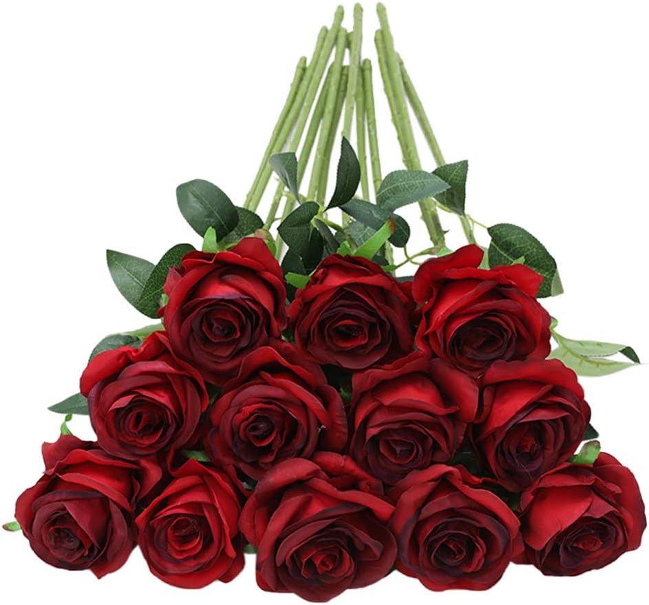 Tifuly 12pcs Red Roses Artificial Flowers,Realistic Long Stem Fake Silk Roses Bouquet for Party Home Wedding Centerpiece Office DIY Decor（Burgundy）