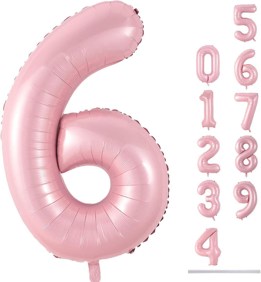 Pastel Pink Number 6 Balloons, 40 In Large Light Pink Number 6 Foil Helium Balloons for Girls, Self Inflating Number Balloons 0-9 for Girls 6th 16th Birthday Women Anniversary Party Decoration