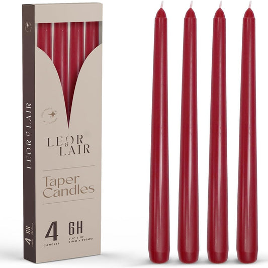 Leor & Lair Red Taper Candles for Christmas - 4 Pack 10" Dark Red Candlesticks - Unscented Long Burning Candle Sticks for Christmas Decoration, Thanksgiving, Dinner Table, Weddings