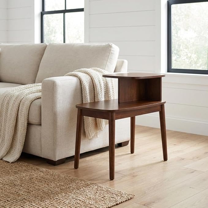 Furnifact Brown Chairside End Table, 2 Tier Shelves, Mid-Century Style Solid - Image 2