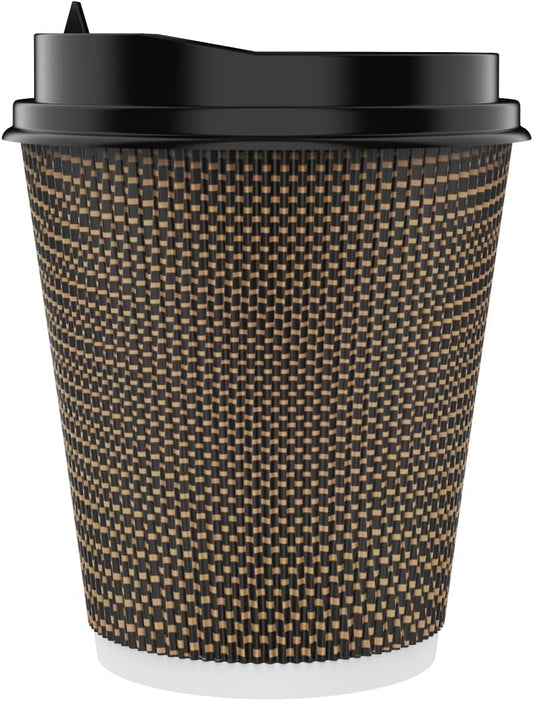 LITOPAK 80 Pack 10 oz Paper Coffee Cups, Insulated Ripple Wall Hot Coffee Cups with Lid and Straws, Brown Three Layer Insulated Hot Beverage Cups for Parties, Picnic, and Travel