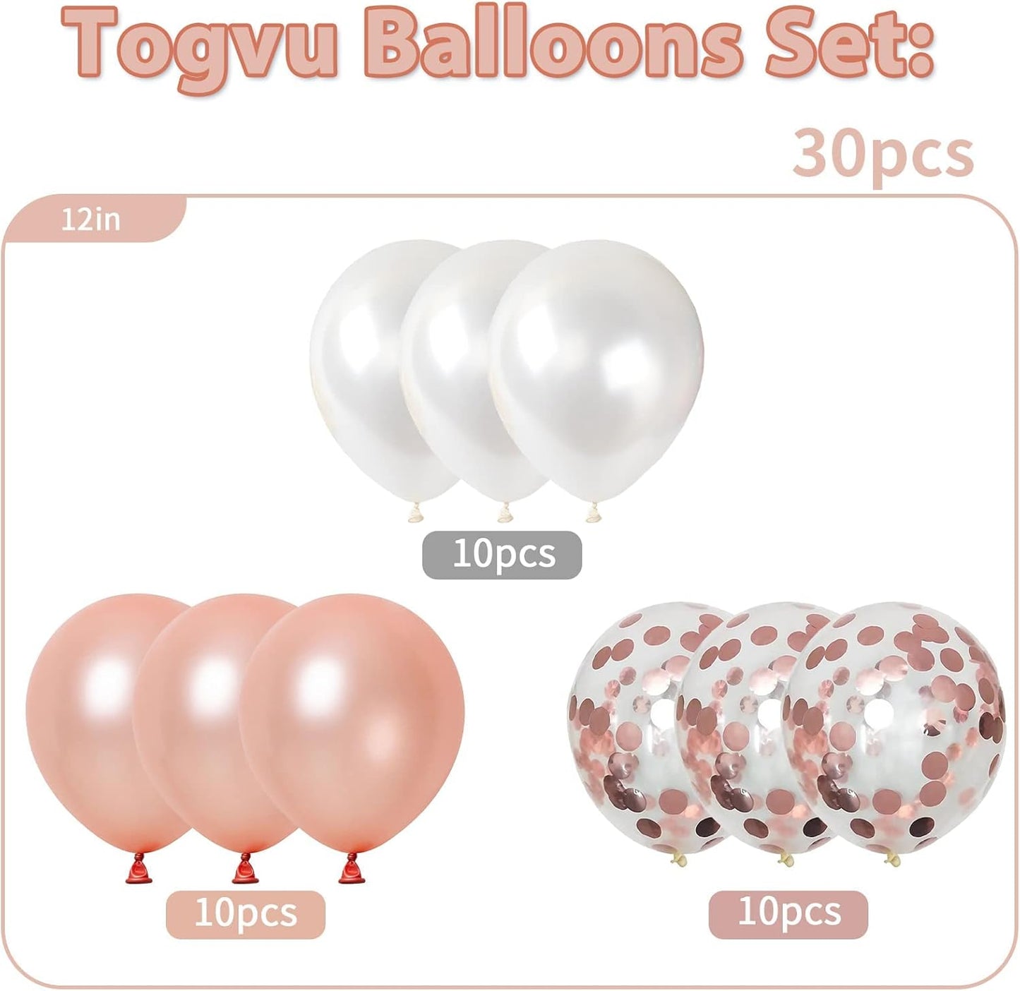 Rose Gold & White Balloons - Pack of 30, 12 Inch Pearl Rose Gold & White Confetti Latex Party Balloons for Girls, Women, Wedding, Birthday, Valentine's Day, Bridal Shower Decoration