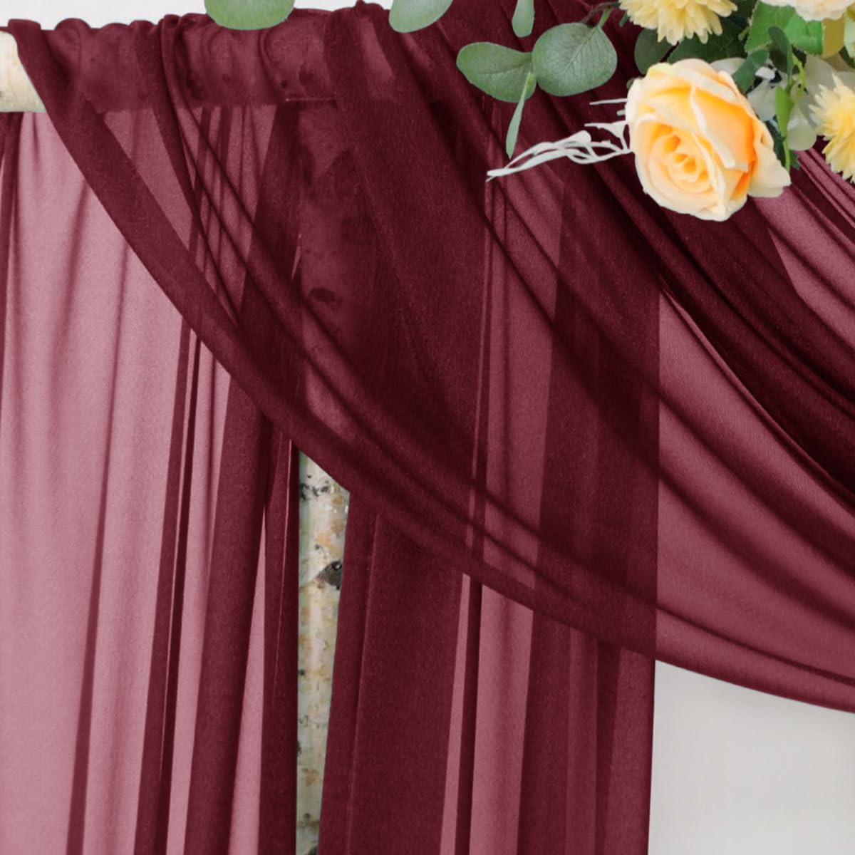 Socomi Wedding Arch Draping Fabric 29" x 20Ft 1 Panel Burgundy Sheer Outdoor Curtain Drapes Extra Long for Bridal Baby Shower Ceremony Birthday Party Decor