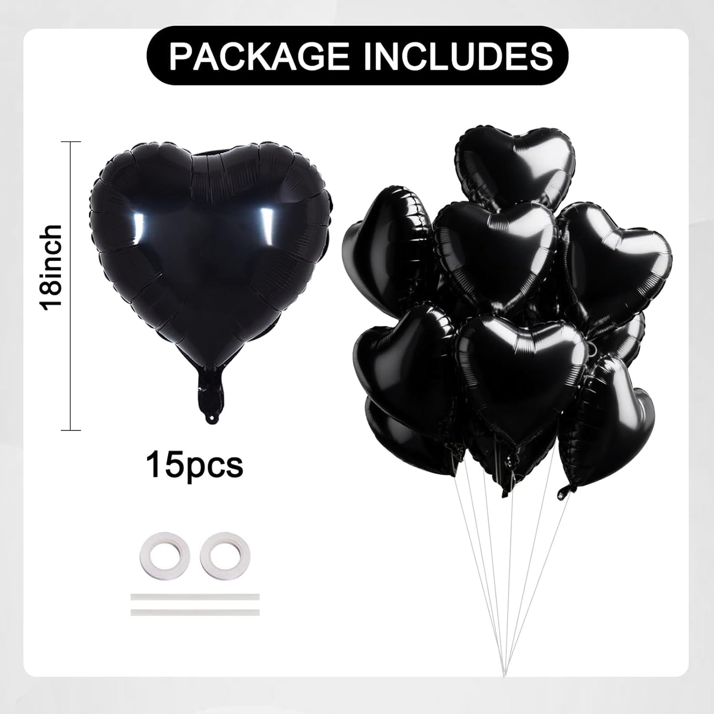 TONIFUL 15Pcs 18 Inch Black Heart Balloons Black Heart Shape Foil Mylar Balloons Decoration for Birthday Valentine's Day Wedding Bridal Shower Anniversary Engagement Party Supplies