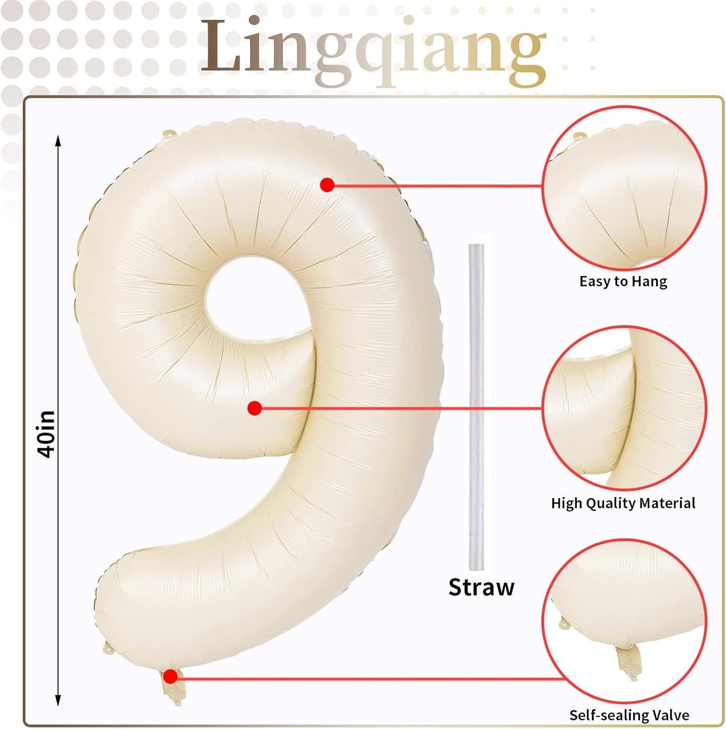 40 Inch Balloon Number 9 Beige, Large Cream Foil Number Balloons Set 0-9, Nude Neutral Digital 9 Helium Balloons for Girls Boys Men Women 9th Birthday Anniversary Graduation Christmas Party Decoration