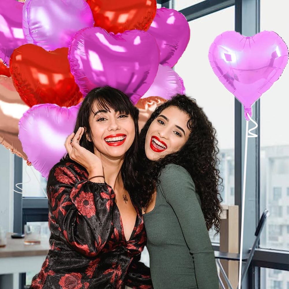 Rose Gold & Red Heart Balloons，18 Inch Purple Foil Love Heart Shaped Balloons for Bridal Wedding Engagement Party Anniversary Birthday Baby Shower Valentines Decorations 12Pcs