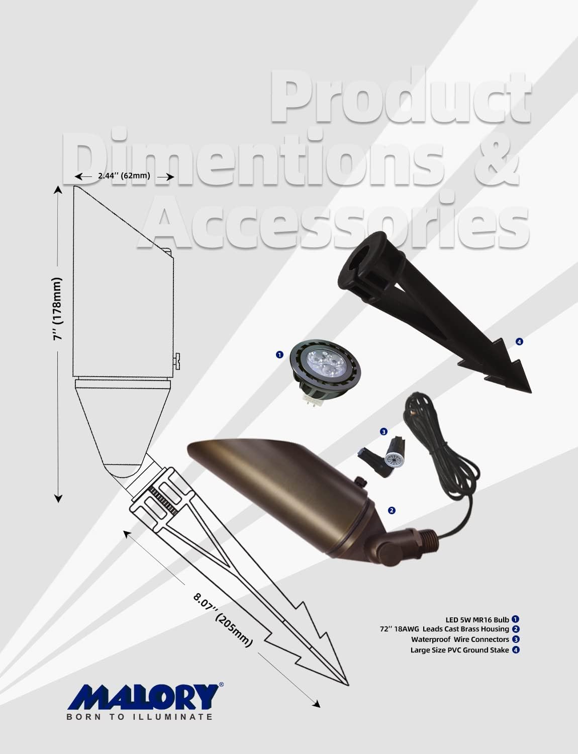 MALORY Brass Landscape Spotlight 1-Pack with 5W LED MR16 Bulb Kit(S03), 12V AC/DC Low Voltage Outdoor Landscape Lighting Shroud Adjustable,Ground Stake and Wire Connector Included,2700K Warm White