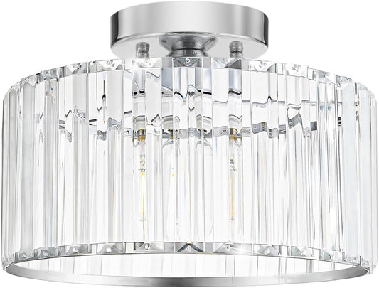 Crystal Ceiling Light Fixture, Chrome Close To Ceiling Light Fixtures, Modern Semi Flush Mount Ceiling Light, Hallway Lighting Fixture Chandelier for Bathroom Bedroom Porch Kitchen Living Room, 11in