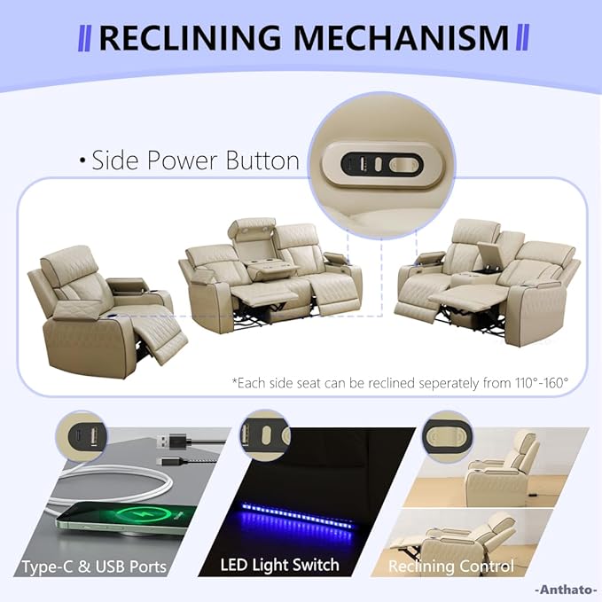 Power Leather Recliner Sofa Chair, Living Room Furniture Sets, Breathing - Image 4