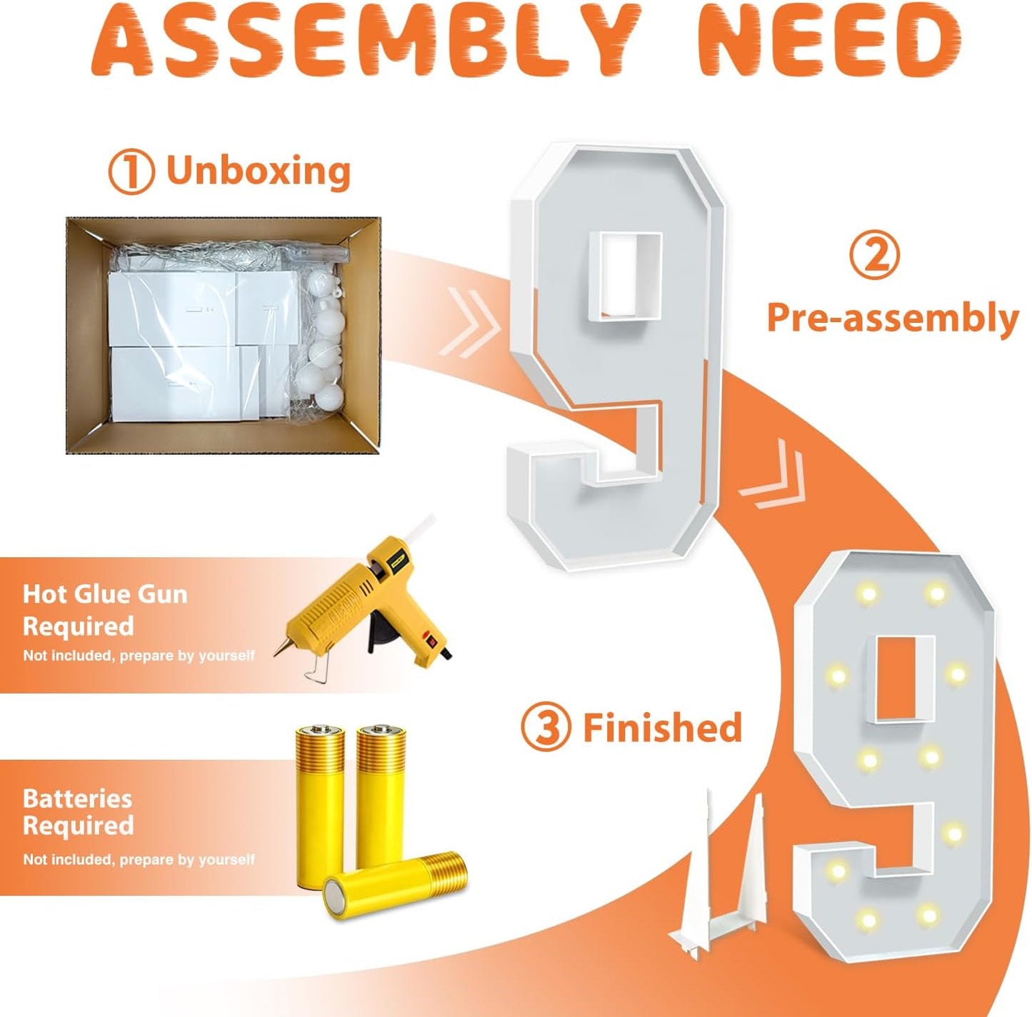 4ft Light Up Numbers, White Marquee Numbers Frame for 9th 19th 29th Boys Girls Birthday Party, Large Number for Decorations Anniversary Decor, DIY Pre-Cut Thick Foam Board Number 9