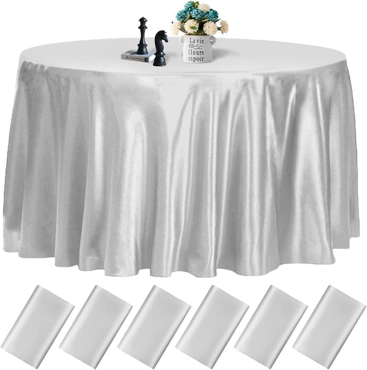 fani 6 Pack 120 Inch Sliver Round Tablecloth - Premium Silky Satin Tablecloth Overlay Smooth Fabric Table Cover Linens, Table Decoration for Wedding Party Banquet Events Restaurant Kitchen Dining