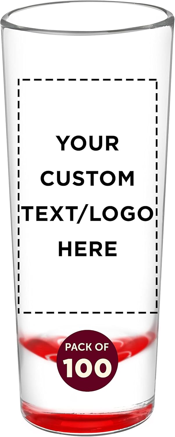 Custom Cordial Shooter Shot Glasses 2 oz. Set of 100, Personalized Bulk Pack - Great for Birthdays, Parties, Indoor & Outdoor Events - Red