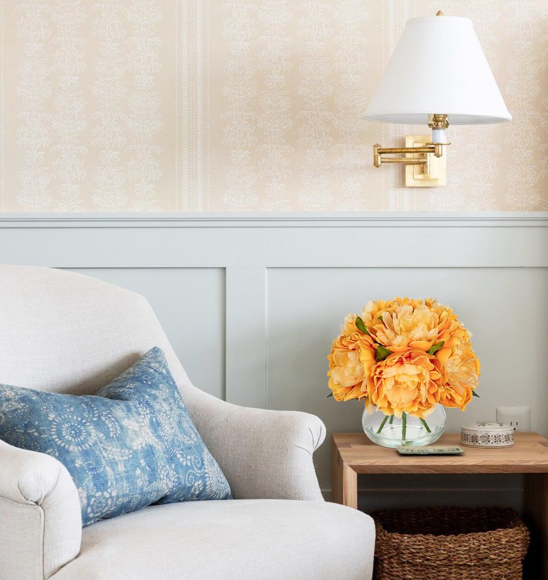 Hollyone Orange Peonies Fall Flowers Artificial for Decoration in Vase Faux Flowers Autumn Peony Silk Flower Arrangements with Glass Vase with Fake Water Table Centerpiece Fall Decorations for Home