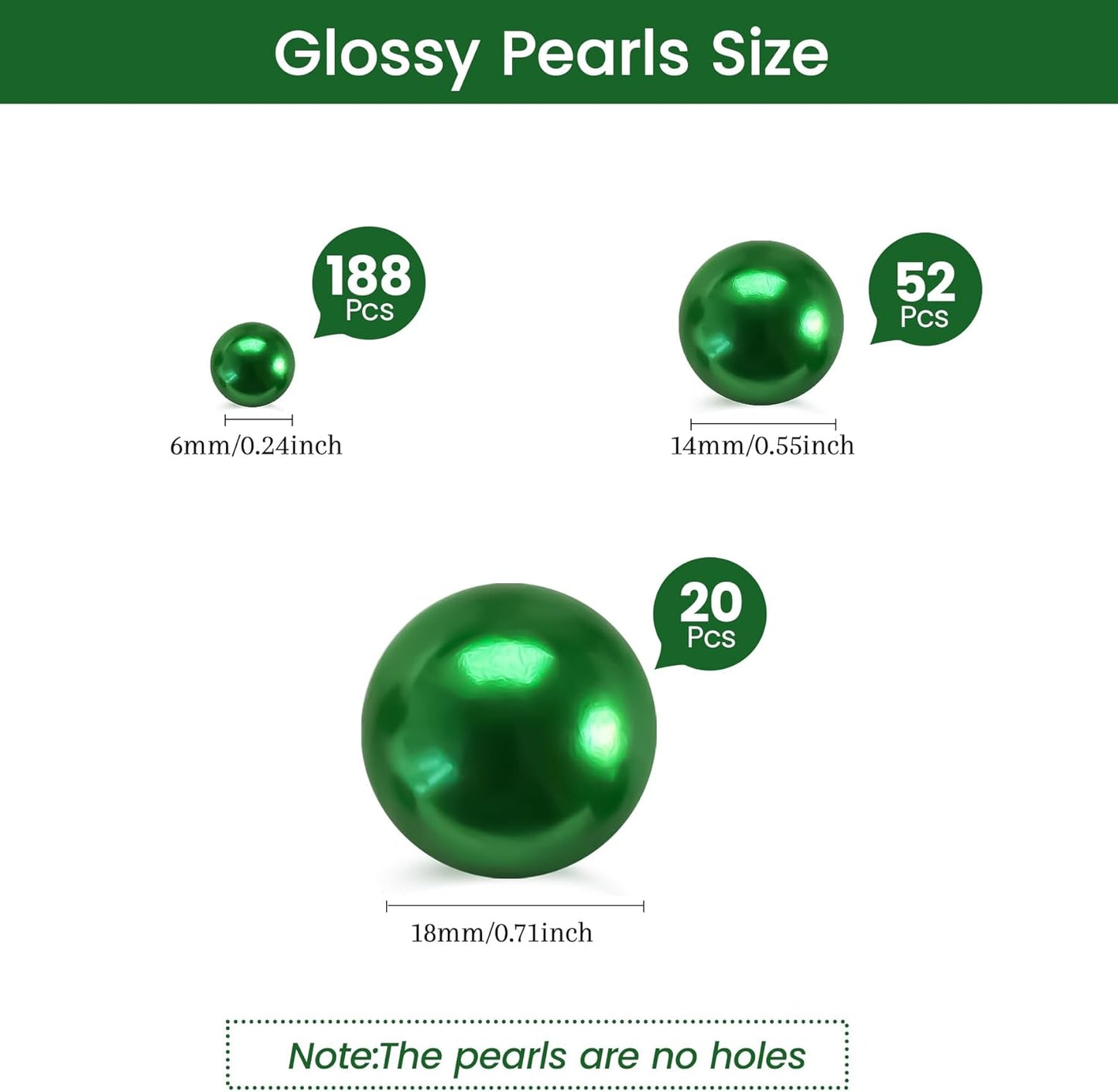 260Pcs Green Glossy Beads for Centerpiece Decor, Artifical Pearls Vase Filler, Makeup Brush Beads, No Hole Round Pearl Beads for Wedding Birthday Christmas Party Home Decor(18mm 14mm 6mm)