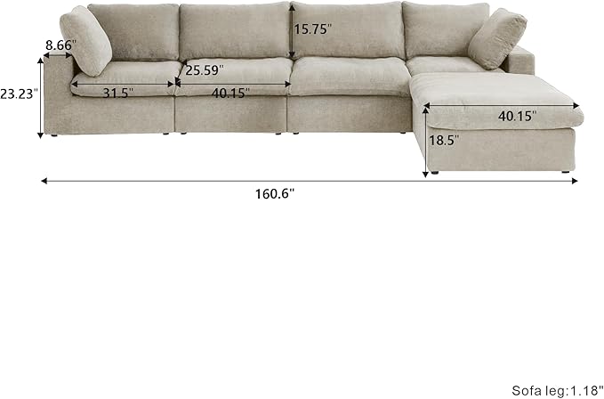 Cloud Couch Modular Sectional Sofa, 160.6" Down Filled Couch - Image 2