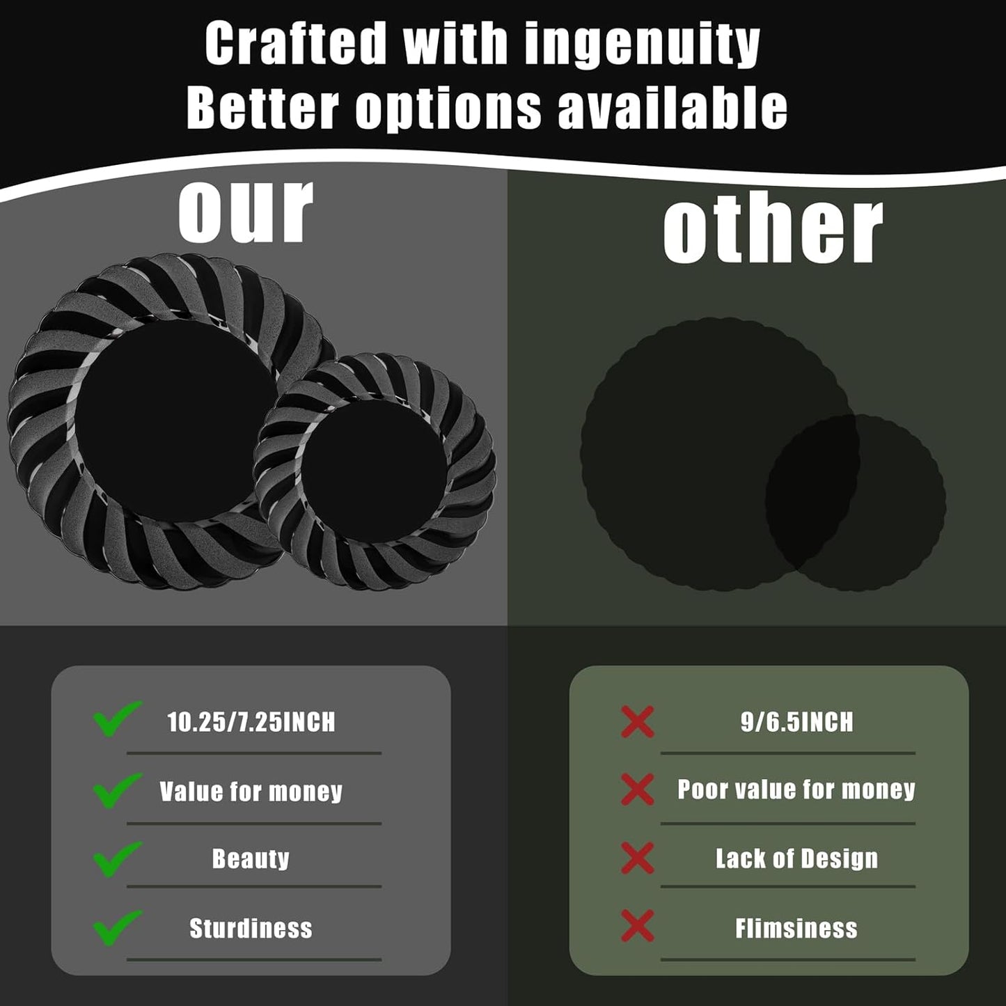 U-QE 60 Pcs Black Plastic Plates for Party – Scalloped Plastic Plates Heavy Duty – Include 30 10.25" Dinner & 30 7.25" Dessert Plate - Perfect for Halloween, Weddings & Birthdays