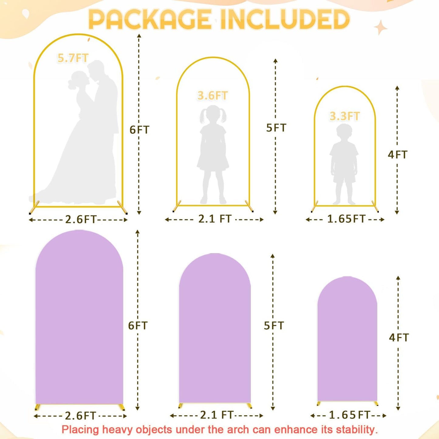 Set of 3 Arch Backdrop Stand and Wedding Arch Cover 6FT, 5FT, 4FT Stable Arches Stand Backdrop Metal Arched Frame Lavender Cover Balloon Arch Stand and Cover Set for Bridal Baby Shower Event Decor