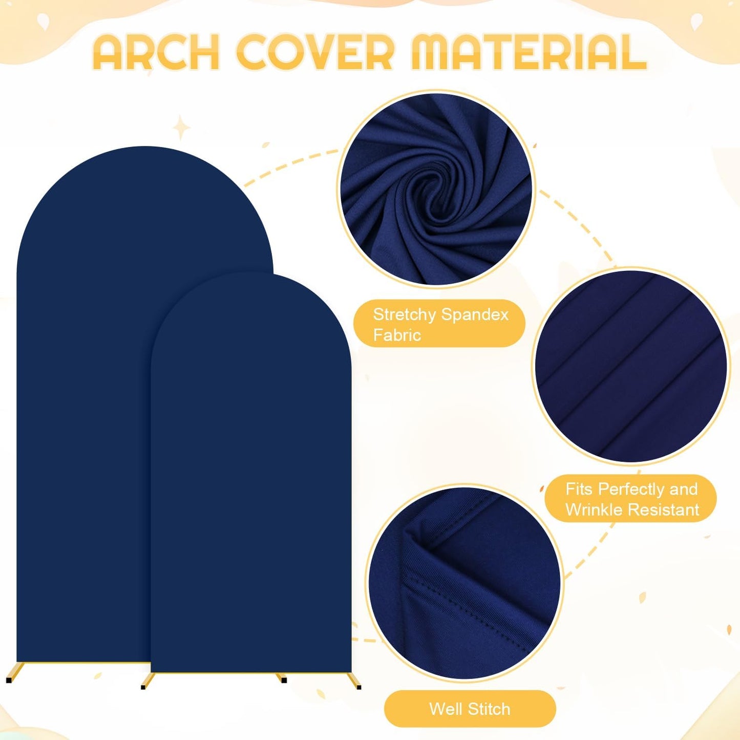 FUHSY Set of 2 Metal Backdrop Stand with Wedding Arch Cover Spandex 7.2FT, 6FT Balloon Party Backdrops Arch Stand Navy Blue Arched Backdrop Cover for Baby Shower Birthday Ceremony Banquet Event Decor