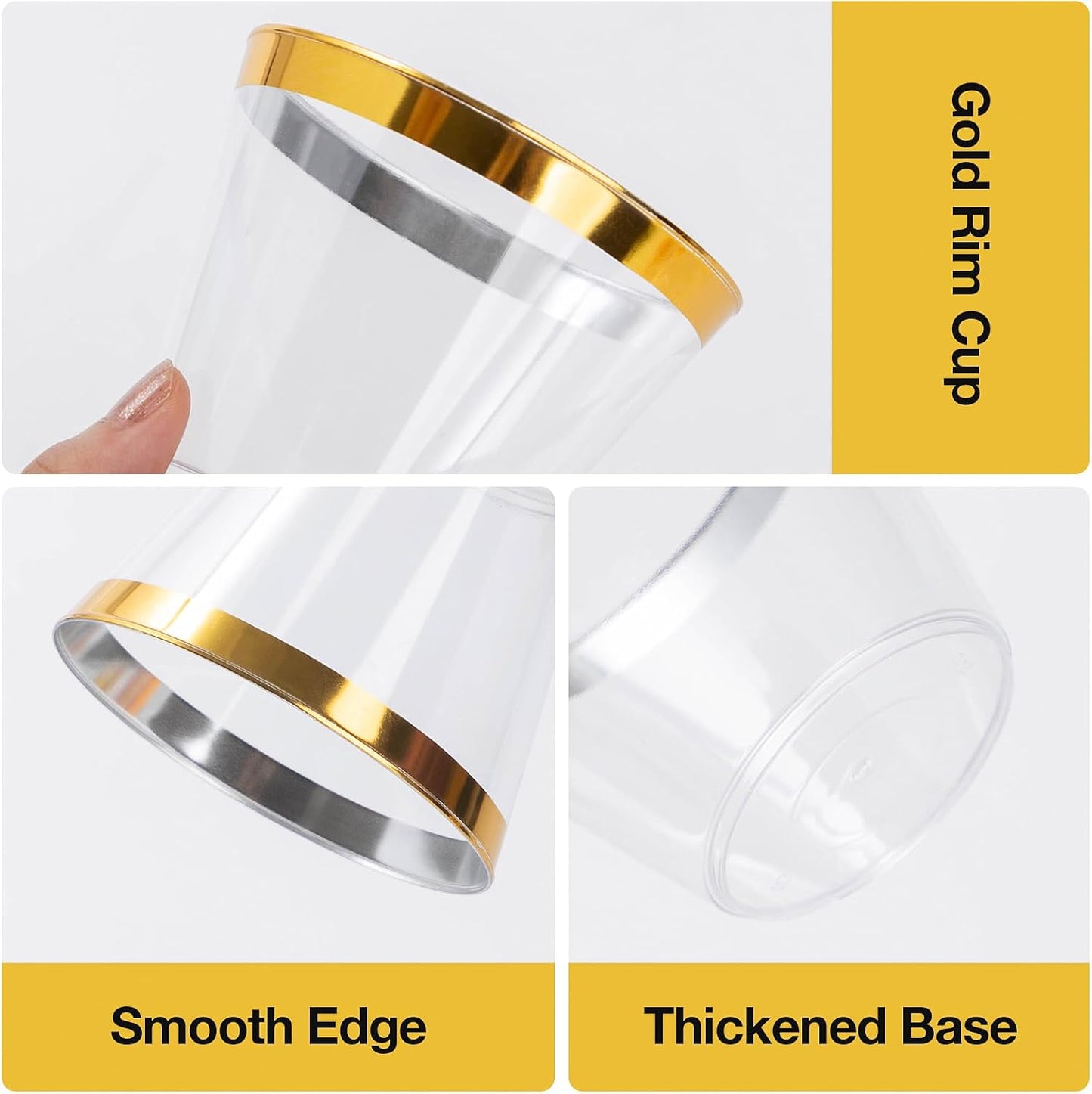 Goodluck 100PCS 9oz Gold Plastic Cups for Party, Disposable Gold Rim Cups, Plastic Cocktail Glasses for Wedding Thanksgiving, Christmas, and Parties