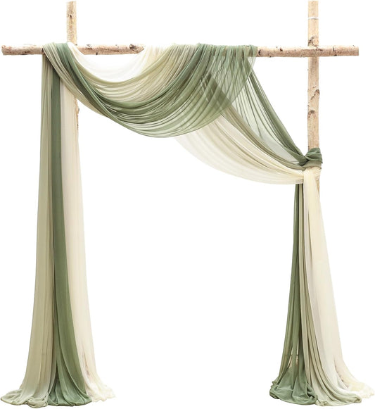 Floroom Wedding Arch Draping Fabric 3 Panels 20Ft Chiffon Fabric Drapes Arbor Drapery Wedding Ceremony Reception Swag Decorations (Forest Green +Sage Green +Ivory)