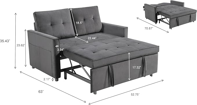 Sofa Bed, Pull Out Couch with Side Pockets, 3 in 1 Velvet Fabric Loveseat - Image 2
