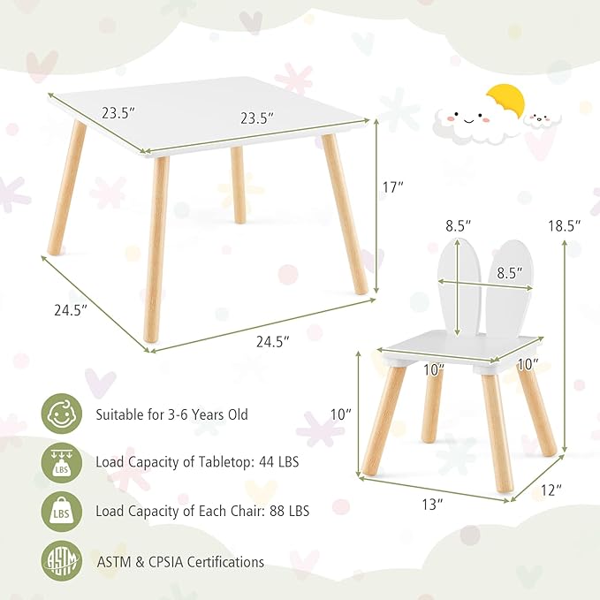 Costzon Kids Table and Chair Set, 3 Pieces Wooden Activity Table & 2 Rabbit - Image 6